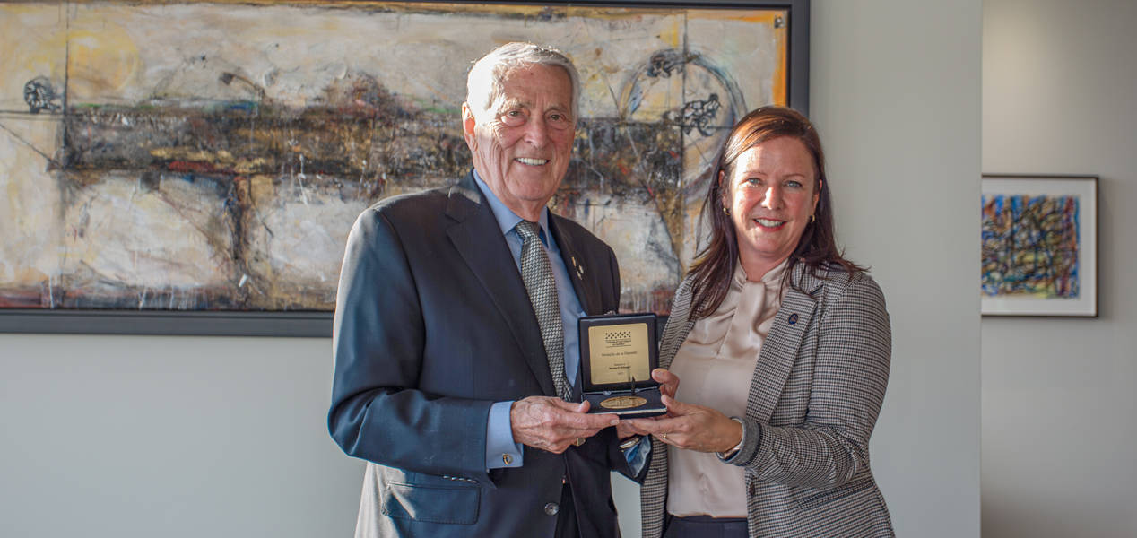 Bernard Bélanger presented with the National Assembly medal by the MNA for Rivière-du-Loup - Témiscouata, Mrs. Amélie Dionne