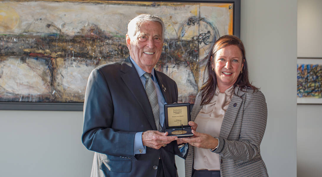 Bernard Bélanger presented with the National Assembly medal by the MNA for Rivière-du-Loup - Témiscouata, Mrs. Amélie Dionne